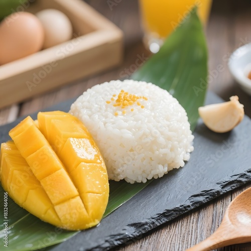 4k high quality Ai generative HD photo realistic menu selling restaurant snack dish street traditional food Thai sticky rice sweet dessert mango mangga Thailand beras ketan Asian popular stone plate