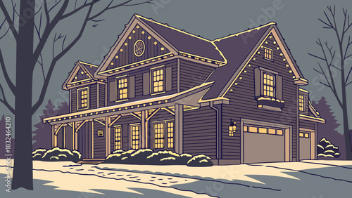 Old residential building exterior with a wooden roof and brick structure in a winter city setting, featuring a front door and windows