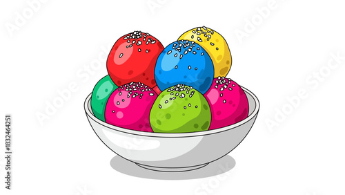 Colorful Dessert Balls piled high in a white ceramic bowl festive treat sweet food illustration sweet dessert indonesian food lupis traditional