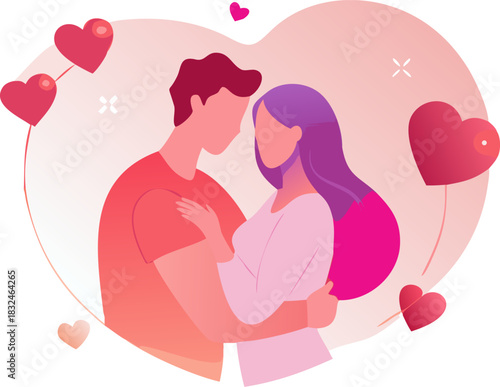 Romantic Couple Embracing Vector Illustration with Hearts Love Theme
