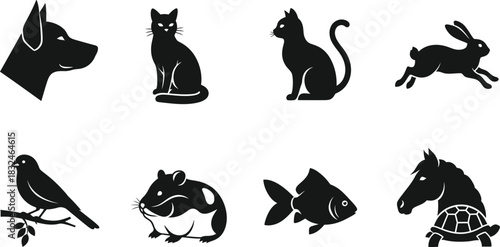 Collection of pet silhouettes dog cat rabbit bird hamster fish and turtle