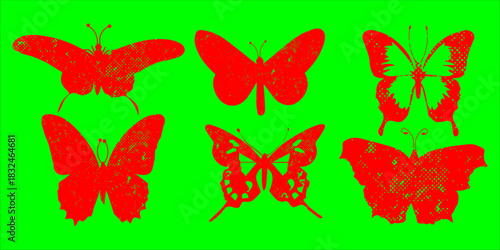 modern.Vibrant Red Butterflies Silhouettes On Bright Green Background For Nature Decor And Stock Use