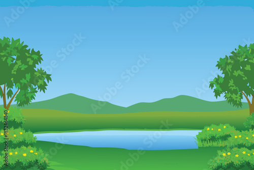 Summer landscape view of a green nature lake and forest with trees, meadow, grass, sky, clouds, and hills