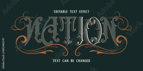 Vintage Engraved Text Effect with Ornamental Swirls - Editable Vector Design