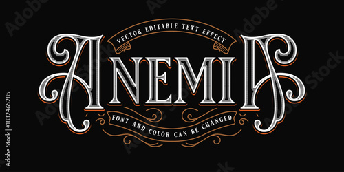 Vintage Ornate Text Effect 'ANEMIA' - Editable Vector Typography with Retro Swirls and Engraving Style