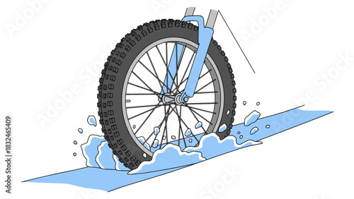 Mountain bicycle wheel riding through deep snow for winter sports and extreme adventure