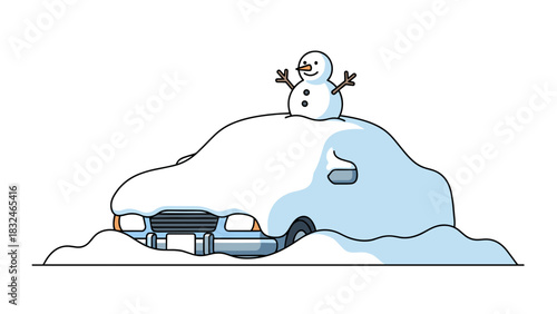 Blue car buried under big snowdrift with snowman for winter weather warning and humor