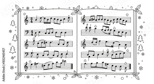 Open book with Christmas carols sheet music and snowflakes for holiday choir flyer or coloring page