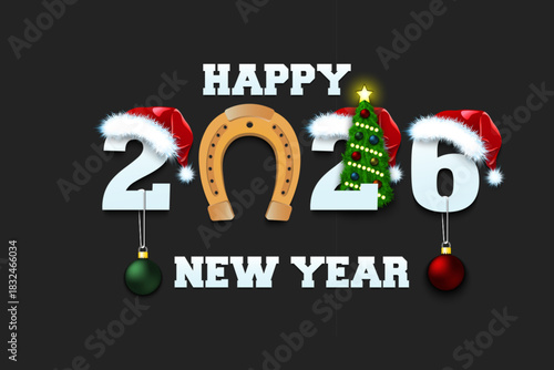Happy new year. 2026 with horseshoe. Numbers in Christmas hats with Christmas tree balls. Original template design for greeting card. Vector illustration on isolated background