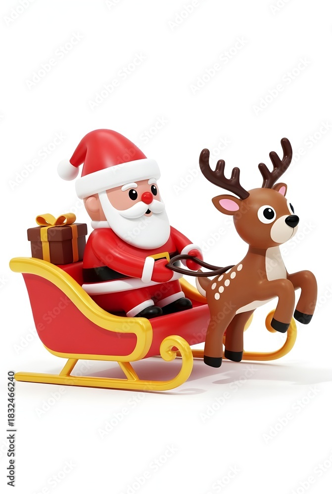 Fototapeta premium salta clause bring gifts on sleigh with reindeer 3d rendering isolated on white background cartoon plastic style icon