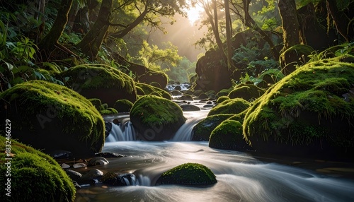 A serene river flows through a lush forest, with moss-covered rocks and sunlight streaming through the trees, creating a peaceful and natural scene.