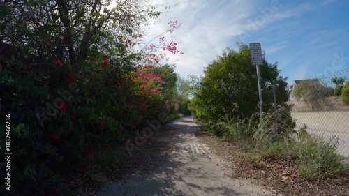 Overgrown neglected bike path along Browns Creek in the Chatsworth area of Los Angeles California.