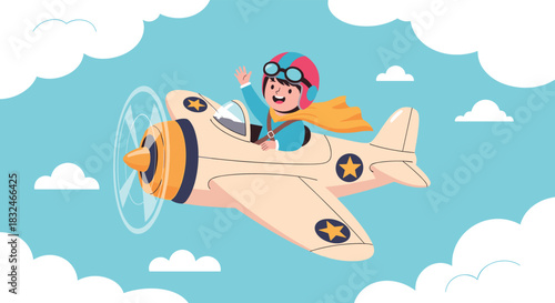 A happy cartoon child wearing a pilot helmet and goggles waves from an airplane flying through a bright blue sky with white clouds.