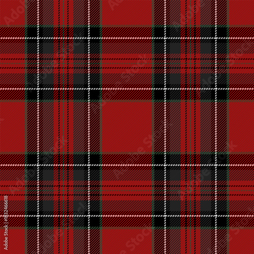 Christmas and new year tartan plaid. Scottish pattern in black, red, green and white cage. Scottish cage. Traditional Scottish checkered background. Seamless fabric texture. Vector illustration