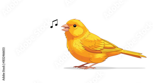A cheerful yellow canary bird with an open beak sings a happy tune, represented by musical notes floating above its head on a white background.