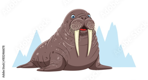 A cheerful cartoon walrus with big tusks and whiskers sits happily in an arctic landscape with blue icebergs.