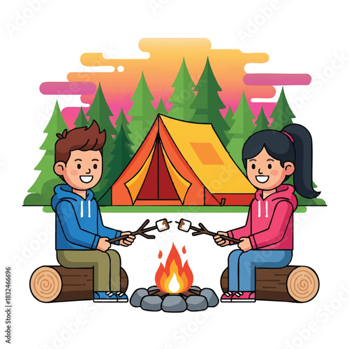 Illustration of a boy and girl roasting marshmallows over a campfire in front of a tent in a forest at sunset.