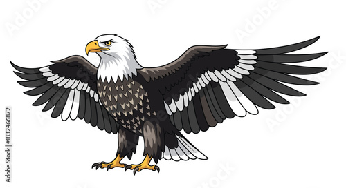 A majestic bald eagle illustration stands proudly with its wings widely spread, showcasing its iconic white head, dark body, and powerful presence.