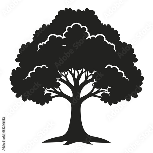 A stylized black silhouette of a mature tree with a thick trunk, spreading roots, and a dense, rounded canopy of leaves.