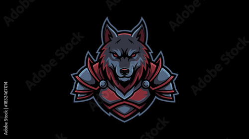 Warrior Wolf Emblem Fierce Protector Logo with Red Accents and Armored Detail