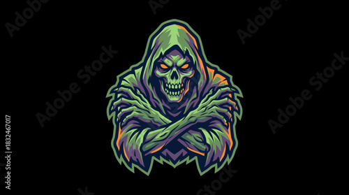 Grim Reaper with Hooded Skull and Crossed Arms A Haunting Icon for Dark Themes