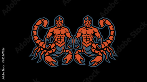 Powerful symmetrical design featuring two anthropomorphic scorpions, embodying strength and fierce protection