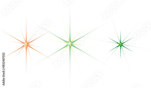 three star-like shapes arranged from left to right against a clean white background, which enhances the visual impact of the colors and forms.The first star on the left is vibrant orange,