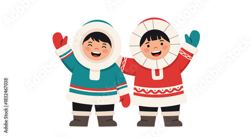 Two happy, smiling children dressed in warm traditional winter parkas and mittens, waving friendly greetings.