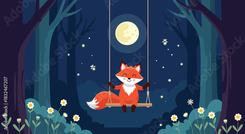 A happy cartoon fox enjoys a peaceful night swinging in a magical forest under the moonlight with fireflies and glowing flowers.