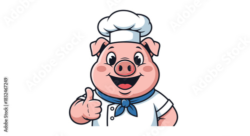 A cheerful cartoon pig chef, wearing a toque and uniform, happily gives a thumbs-up gesture, symbolizing approval and culinary excellence.