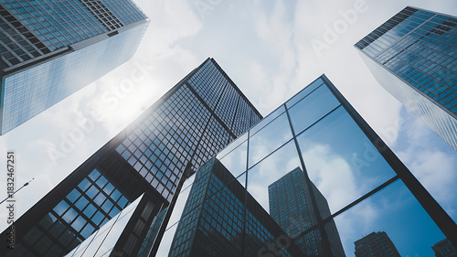 Low angle view of modern glass skyscrapers against a cloudy sky architecture building