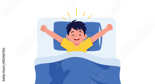 A cheerful young boy wakes up feeling refreshed and energetic, stretching his arms in bed under a blue blanket, ready to start a new day.