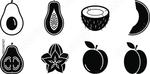 Black and white silhouette of various tropical fruits in a set