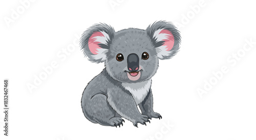 Cute cartoon koala sitting, smiling and looking directly at the viewer, with big fluffy ears and a friendly expression, isolated on a white background.