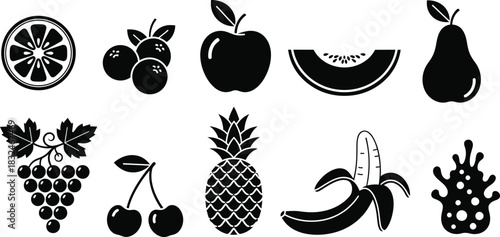 Black and white fruit silhouette collection for graphic design elements