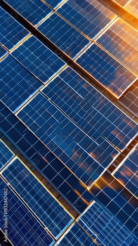 Aerial view of a solar panel array with a warm sunlight and blue tones, representing renewable energy and sustainability.