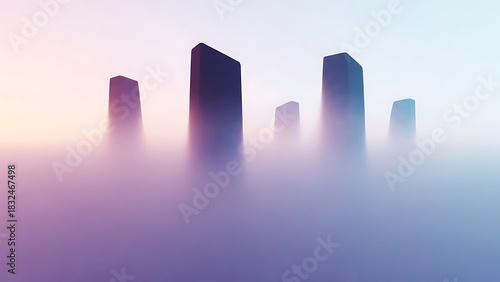 Dreamy futuristic cityscape emerging from a soft pastel fog, creating a sense of mystery and modern elegance, perfect for technology, innovation, and forward-thinking concepts
