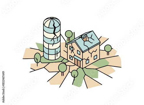 Cracked Farmhouse and Silo Illustration with Broken Fields and Trees in a Pastel Color Palette on a Black Background