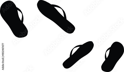 footwear,he image presents four black flip-flops scattered across a clean white background, creating a visually striking 