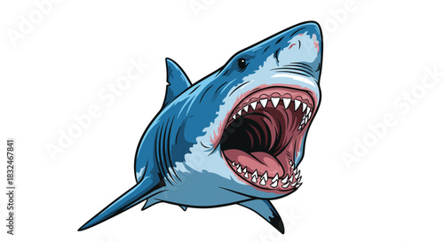 Dynamic cartoon drawing of a great white shark, jaws wide open and sharp teeth exposed, ready to strike.
