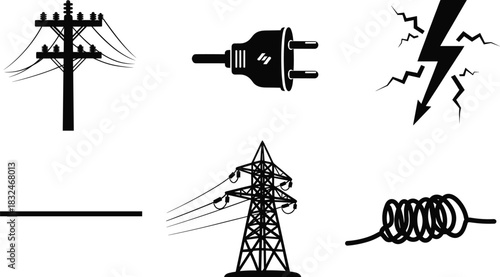 Electric power infrastructure icons with transmission tower, utility pole, plug, lightning symbol, straight cable, coil wire illustration for energy and electricity concepts