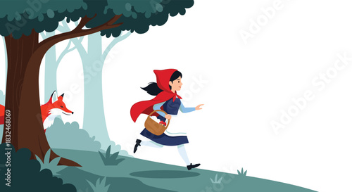 Little Red Riding Hood runs through a fairytale forest, unaware of the sly fox hiding behind a tree, in a classic story scene.