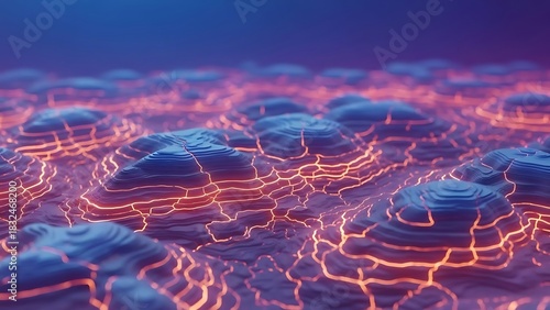Stunning topographic landscape with glowing orange cracks, a vibrant geological texture perfect for technology, science, or futuristic backgrounds, offering a modern and dynamic visual