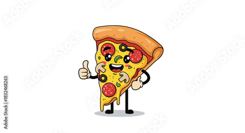 A cheerful cartoon pizza slice with various toppings, including pepperoni, olives, and mushrooms, gives a friendly thumbs-up gesture.