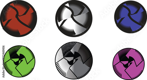 The image features six abstract circular patterns arranged in a 2x3 grid, creating a visually engaging composition. Each circle contains a dynamic whirling design that resembles