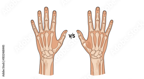Comparative anatomical drawing showing skeletal structure of a normal human hand versus a hand with congenital thumb hypoplasia.