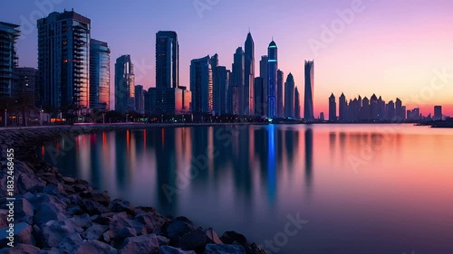 Stunning Dubai Marina Skyline at Twilight with City Lights Reflecting on Water.