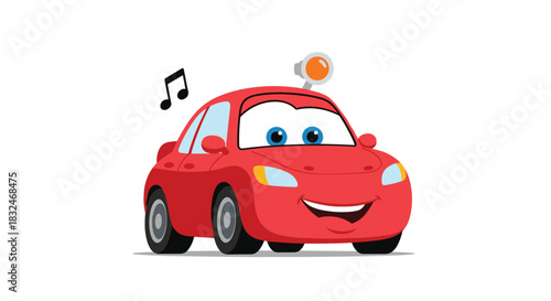 A cheerful red cartoon car character with big blue eyes and a friendly smile drives, accompanied by musical notes.
