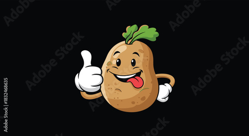 A cheerful cartoon potato character with a big smile and a leafy sprout gives a positive thumbs-up gesture.