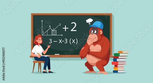 Female teacher explaining a complex mathematical formula on a green chalkboard to a large orangutan wearing a blue cap.